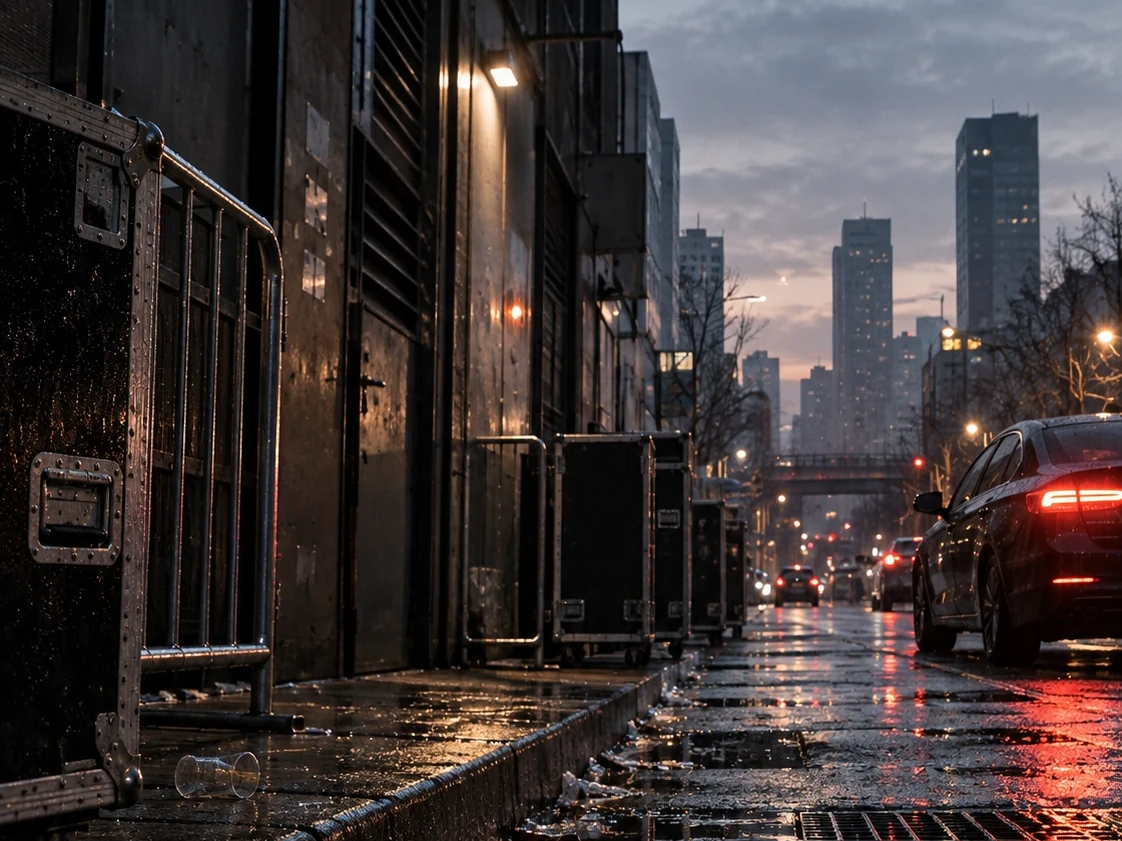 A wet back alley at dusk with flight cases along the wall, red taillights and a city skyline at the end of the street.