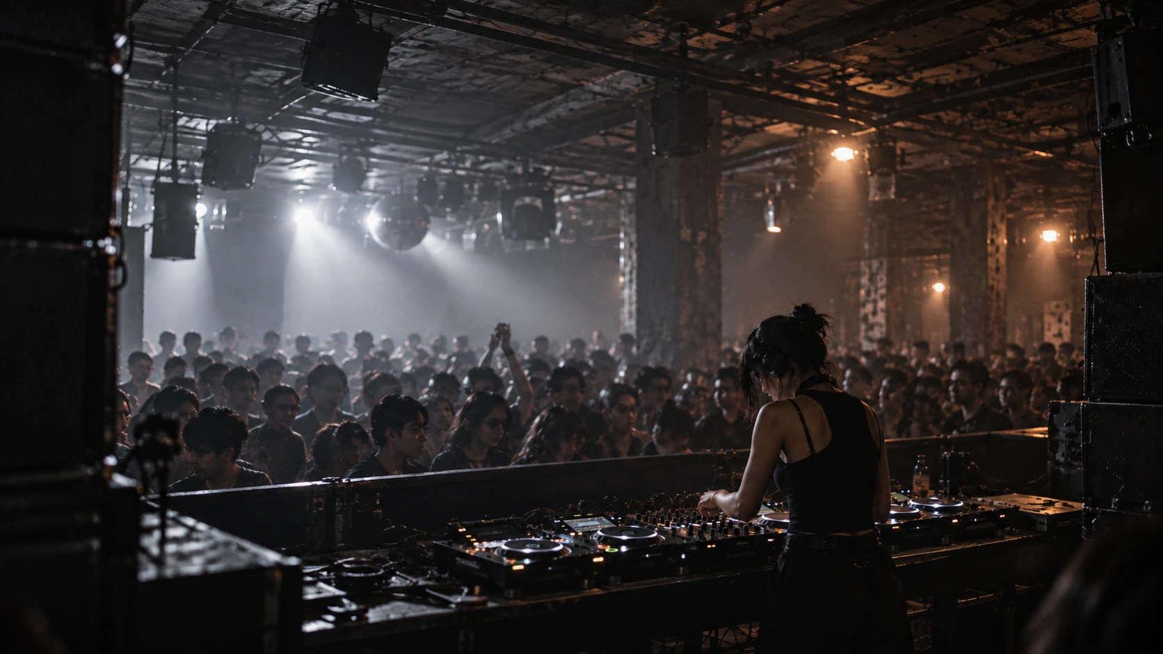 Warehouse Set poster — a DJ at the decks facing a packed crowd under suspended stage lights.