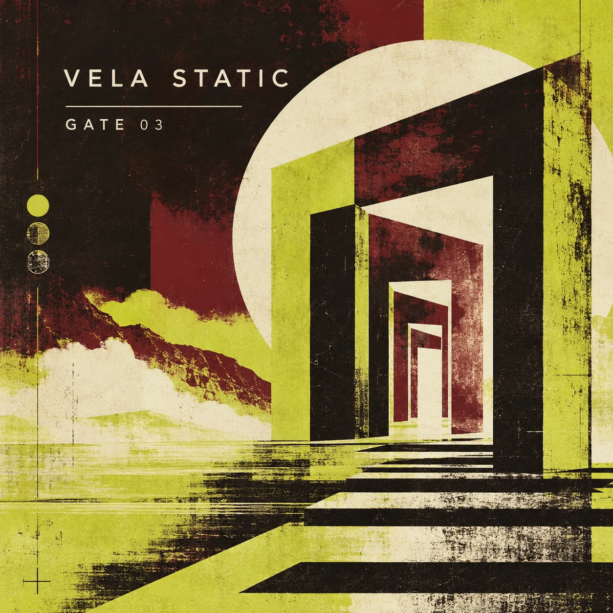 GATE 03 single artwork — illustrated receding doorways in acid yellow-green and maroon beneath a pale sun disc, titled VELA STATIC GATE 03.